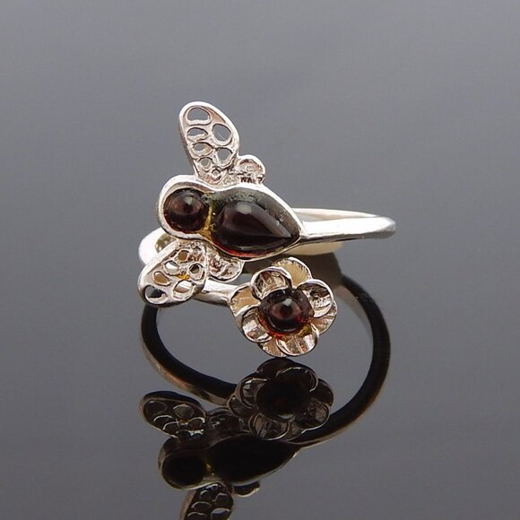 Natural Baltic Cherry Amber Bumble Bee and Flower Ring in 925 Sterling Silver